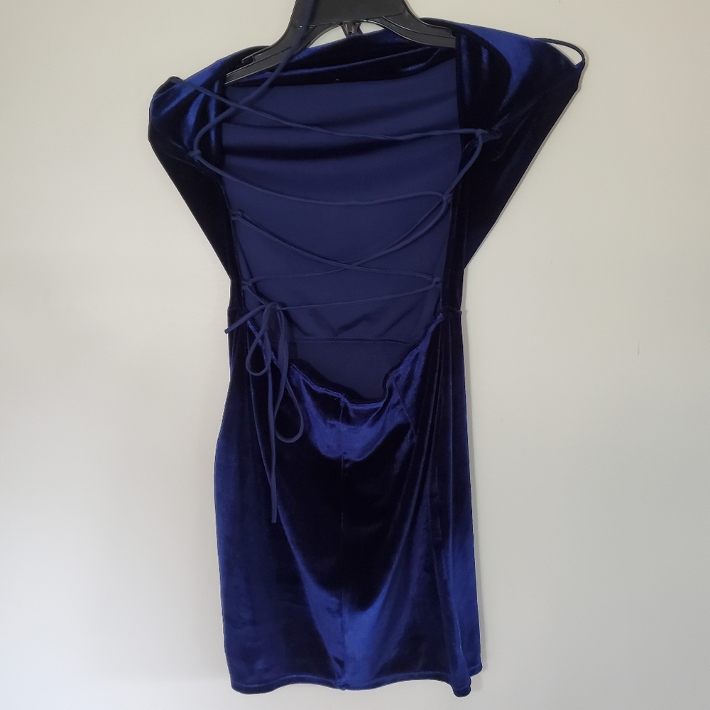 Lucy In The Sky Blue Velvet Mini Dress Lace Up Tulip Dress In Midnight Size Med - Picture 5 of 9